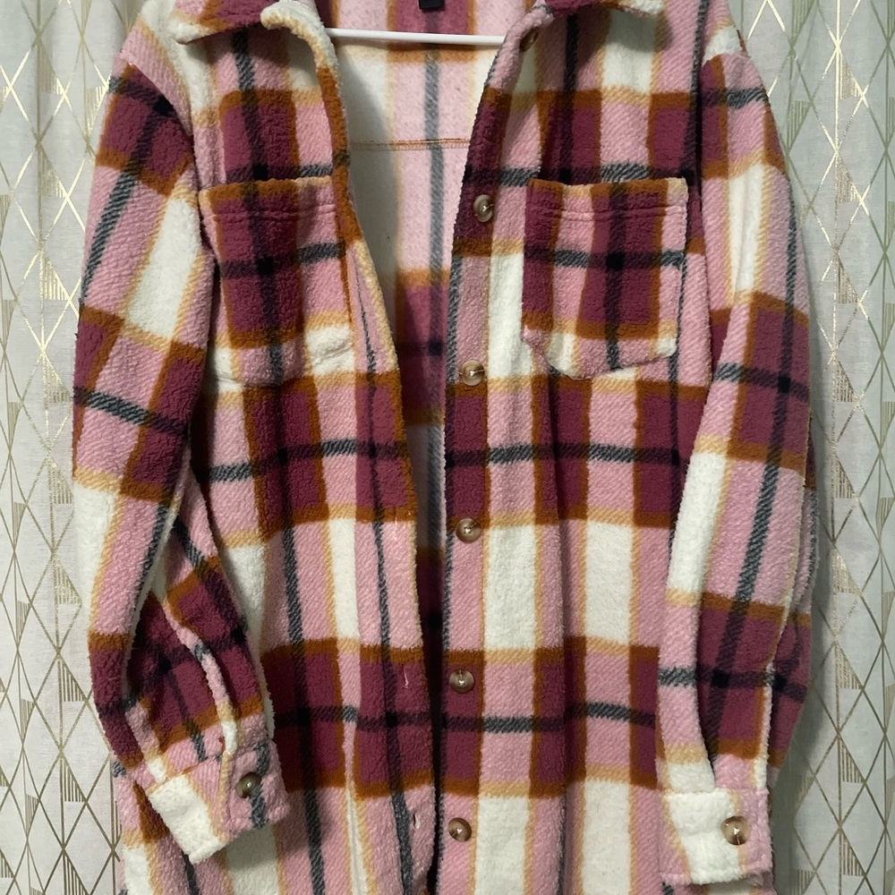 Plaid Button-Up Shacket - Pink and White